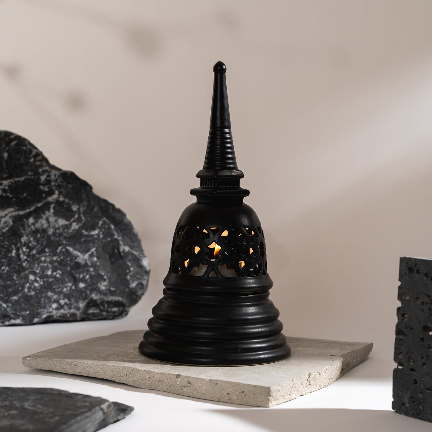 The En-Lightening Stupa: Handcrafted Thai Temple Candle Holder & Gift Set: Black_2
