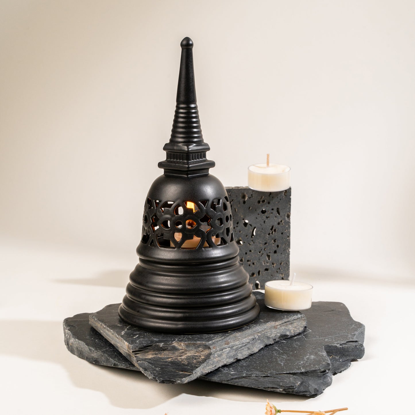 The En-Lightening Stupa: [Black_3] Handcrafted Thai Temple Candle Holder
