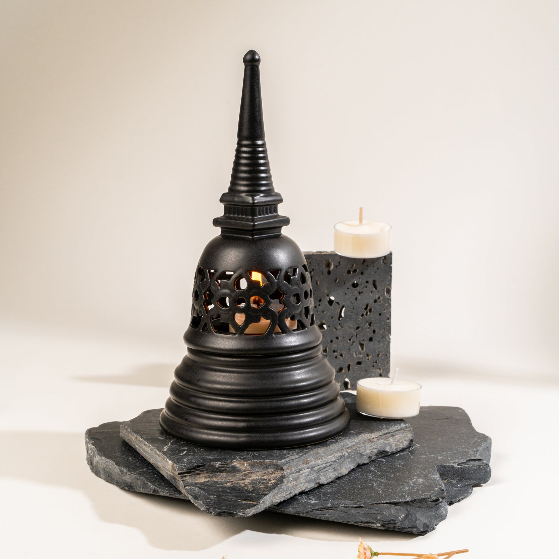 The En-Lightening Stupa: [Black_3] Handcrafted Thai Temple Candle Holder