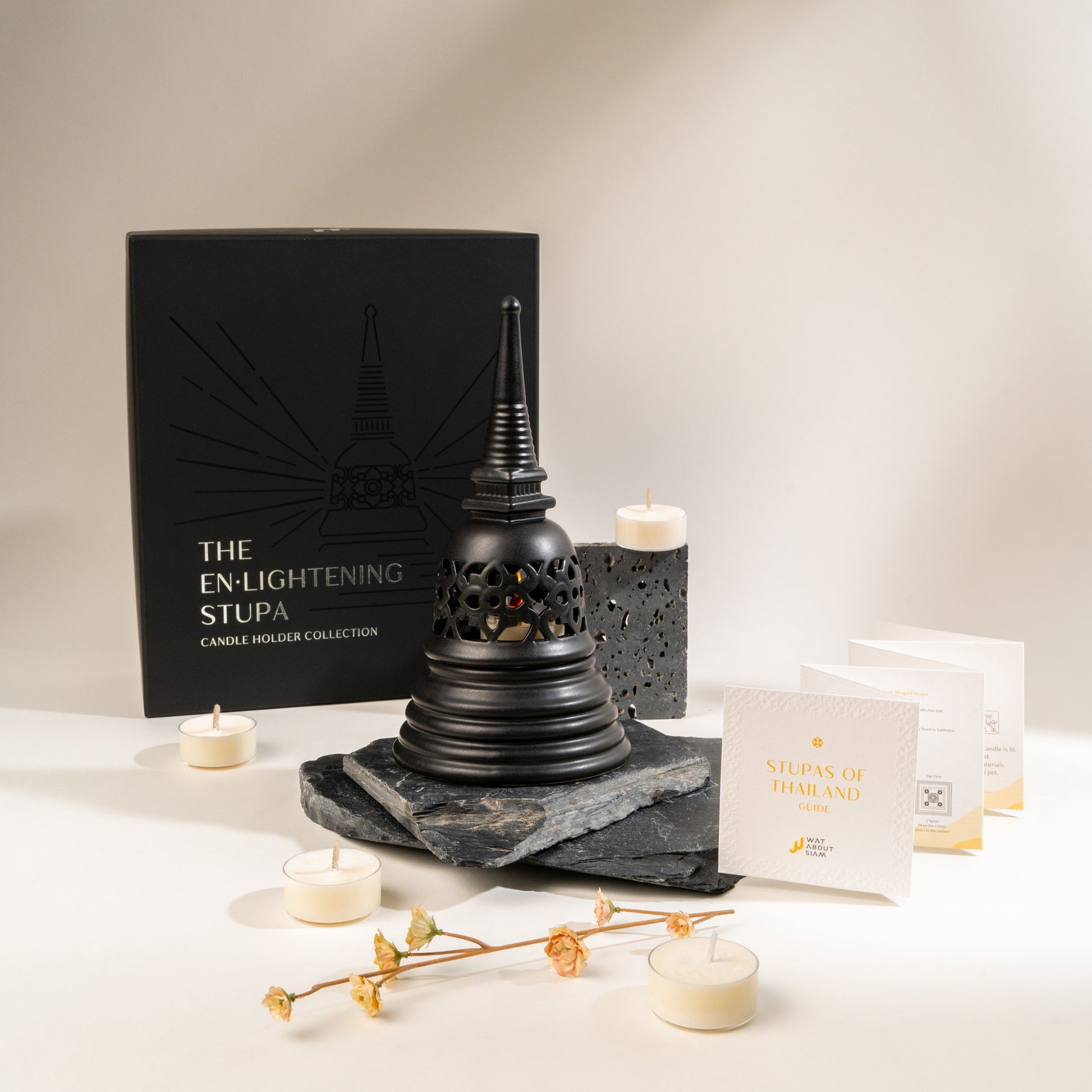 The En-Lightening Stupa: [Black_4] Handcrafted Thai Temple Candle Holder
